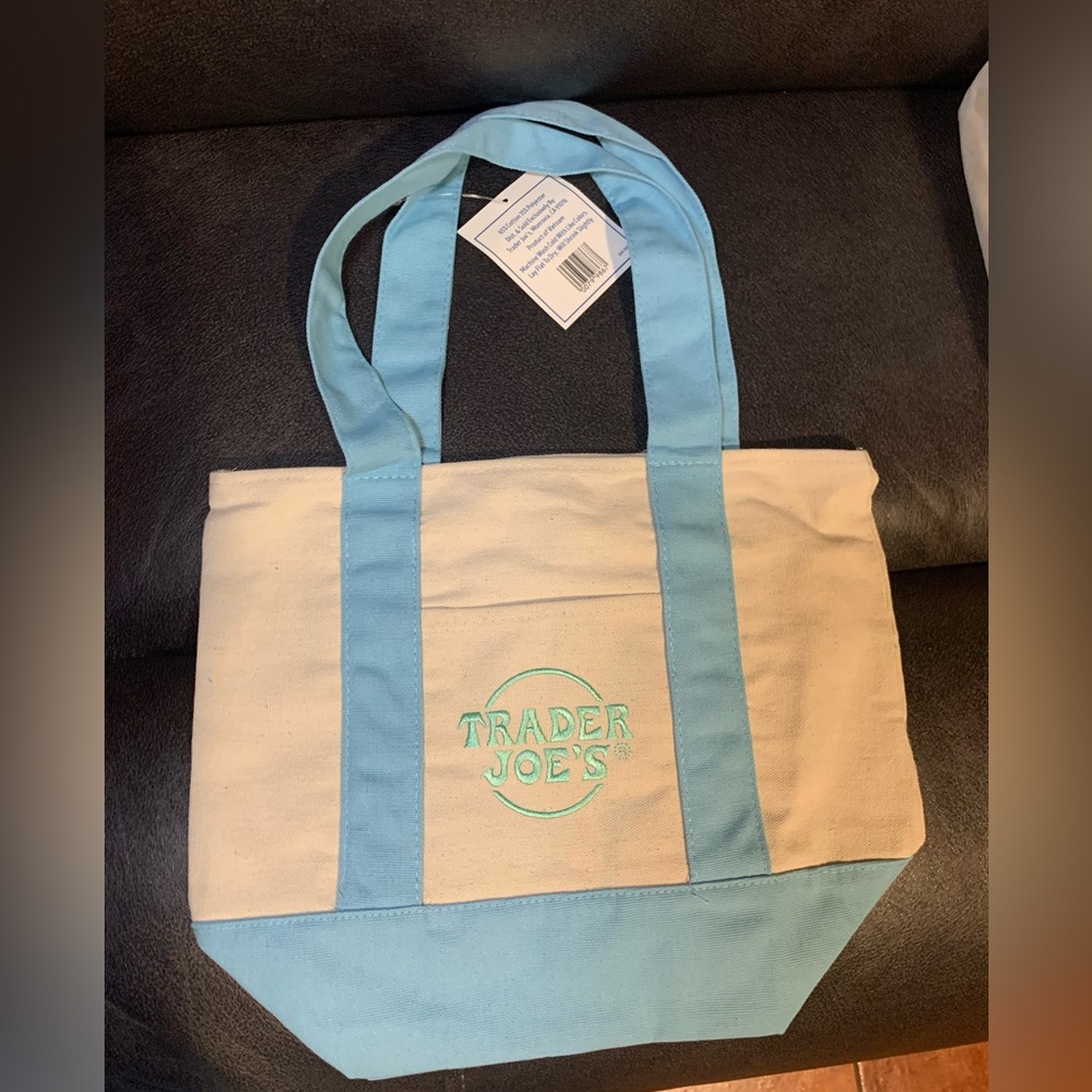 Trader Joe's Mini Pastel Canvas Tote Bag in blue. 2026. NWT